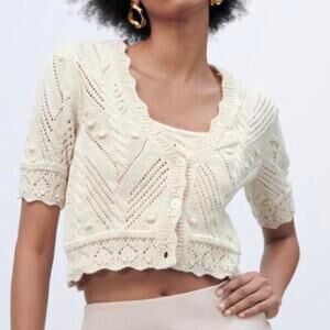 Zara Short Sleeve Cropped Cardigan Womens Large Beige Cream Neutral Cotton Boho